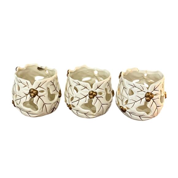 Set of 3 Ceramic Leaf Tealight Candle Holders Cream Gold Cutout Autumn Decor - Picture 1 of 7